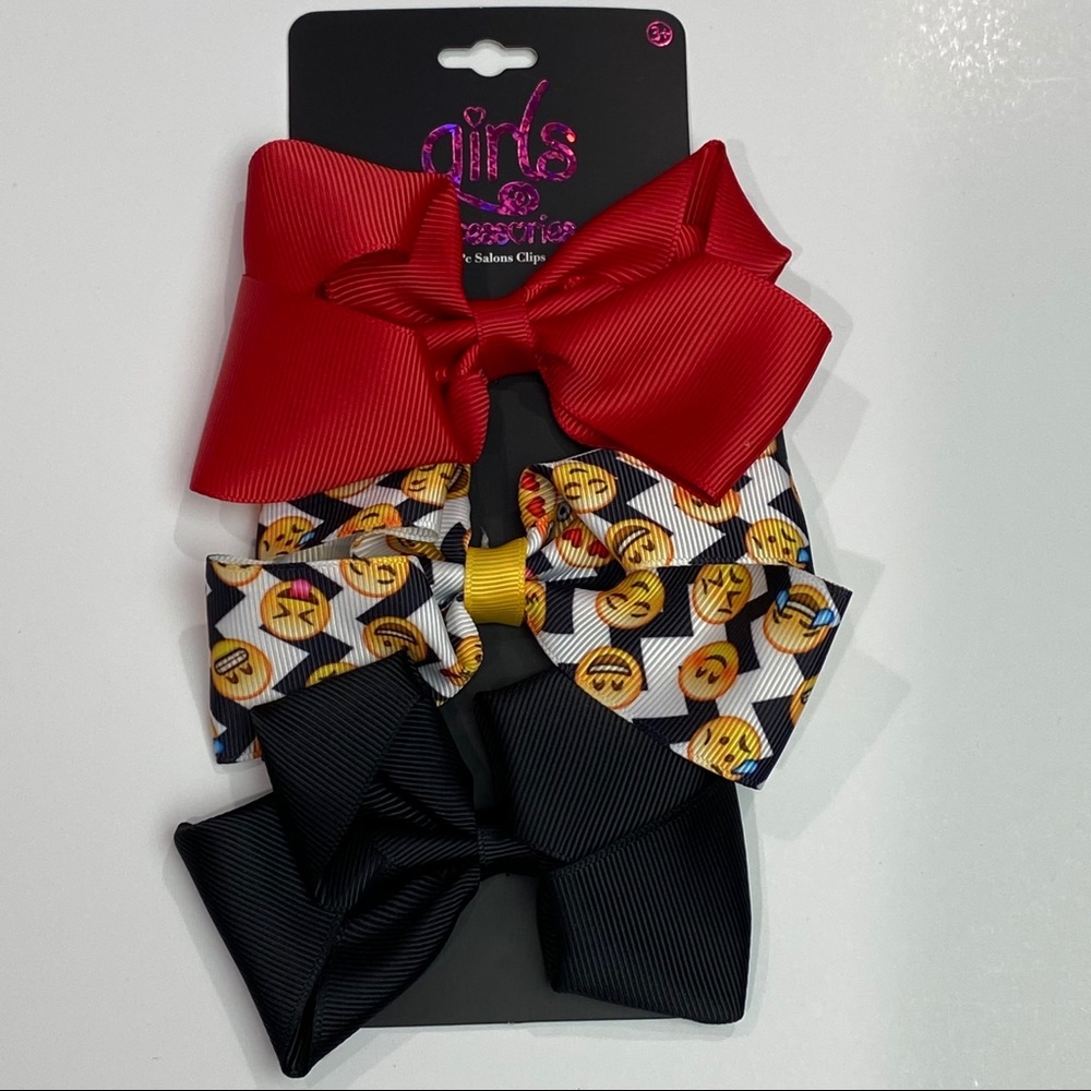 💲Girls 3 pack hair bows, red, black & emojis New